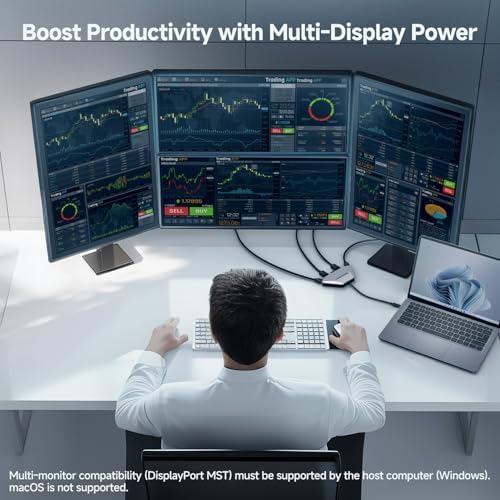 Maximize Your Multitasking Potential with the Cable Matters 4 K Quad Display USB-C MST Adapter – Achieve Stunning 8 K@60 Hz Visuals or Connect Four 4 K@60 Hz Monitors Seamlessly, Thunderbolt 4 Ready for Peak Performance, Plus 140 W Power Delivery for Continuous Efficiency – Ideal for Designers, Gamers, and Business Professionals