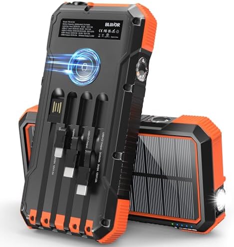 BLAVOR 20000 m Ah Solar Power Bank with 4 Built-in Cables – 20 W Fast Charging Portable Charger for i Phone 16/15/14/13/12/11, i Pad, Apple Watch & All Mobile Devices – Eco-Friendly Outdoor Power Solution with Integrated Flashlight for Ultimate Convenience
