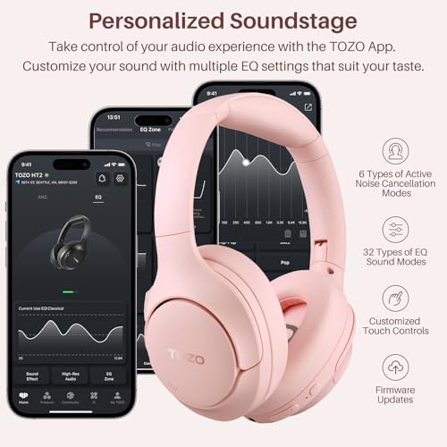 TOZO HT2 Wireless Over-Ear Headphones with Superior Active Noise Cancellation – Immerse in 60-Hour Playtime, Personalized Hi-Res Audio with Custom EQ, and Rich Deep Bass – Luxurious Khaki Design for Home, Office, and Travel Enthusiasts Seeking Unmatched Comfort and Sound Quality