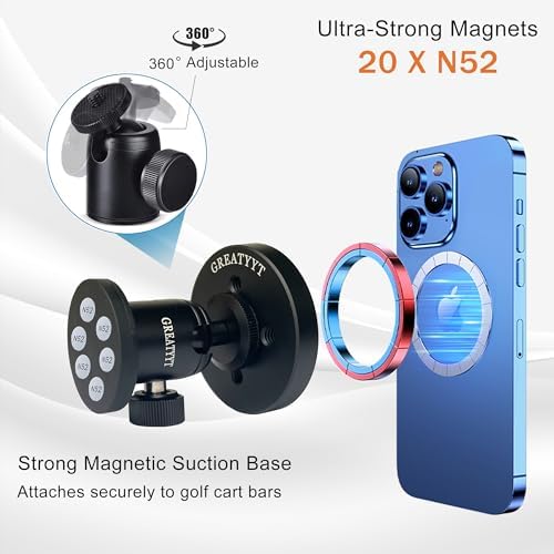 Revolutionize Your Golf Game with the Premium Dual Magnetic Golf Cart Phone Holder – Versatile Magnetic & Clamp Mount, 360-Degree Rotation, Durable Aluminum Design for i Phone & Android Compatibility, Effortless Accessibility on the Course