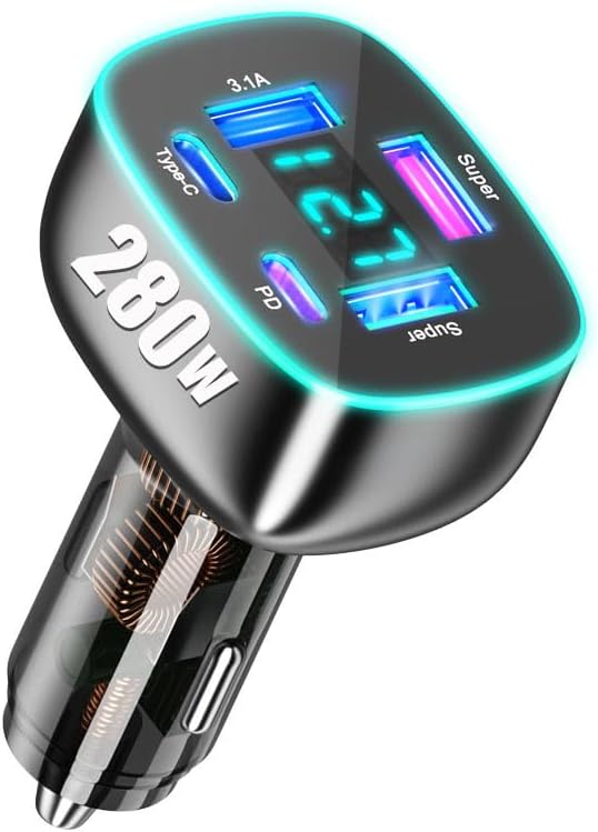 5-Port USB C Car Charger with Dual PD 30 W Fast Charging & Voltage Display – Multi-Device Compatibility for Mac Book, i Phone 16/15 Pro Max, Samsung, Huawei & Android – Efficient Cigarette Lighter Adapter for On-the-Go Power