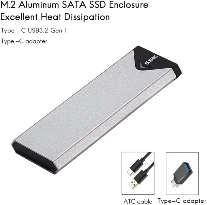 Transform Your Data Storage with the SSK Aluminum USB 3.2 Gen 1 M.2 SATA SSD Enclosure Adapter – High-Speed External Reader for NGFF M.2 Solid State Drives, Durable and Lightweight Design for Optimal Heat Dissipation, Plug-and-Play Convenience, Perfect for Efficient Backup and File Transfers