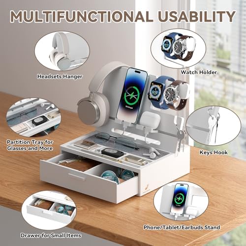 Pezin & Hulin Wooden Charging Station, Bedside Nightstand Tray, with Spacious Drawer, Felt Pads for Phones, Watch, Idea Gifts for Him Birthday, Son, Christmas for Papa Fathers Day – Enhanced Compatibility and Speed