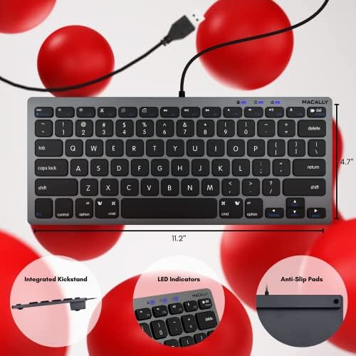 Compact Macally Wired Keyboard for Mac and Windows – Sleek USB Mini Keyboard with 78 Scissor Switch Keys – Effortless Plug and Play Design for Enhanced Typing Speed – Ideal Space-Saving Solution for Modern Workspaces – Durable Aluminum Finish for Long-lasting Performance and Style