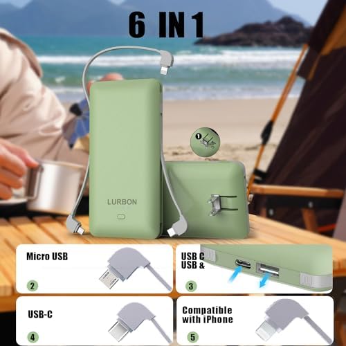 Compact 10000 m Ah Portable Charger with Built-In Cables and AC Wall Plug – Essential USB-C Power Bank for i Phones, Samsung Devices, and Tablets in Vibrant Green – Ultimate Travel Companion for Fast Charging and Universal Compatibility