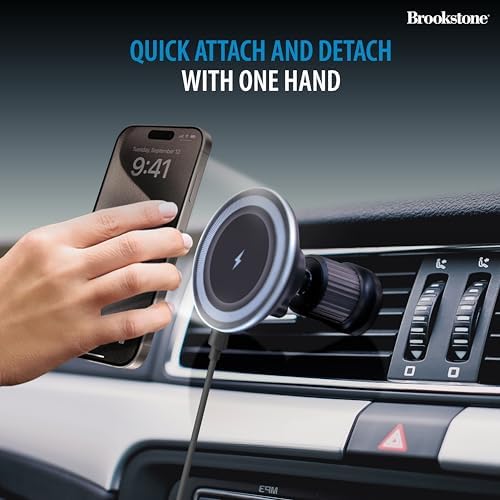 Brookstone Glass Panel Magnetic Car Phone Holder Mount – Premium Wireless Charger for i Phone 15, 14, 13 Pro Plus Max Mini & All Smartphones – Hands-Free Navigation & Enhanced Magnetic Stability for Safe Driving and Effortless Connectivity