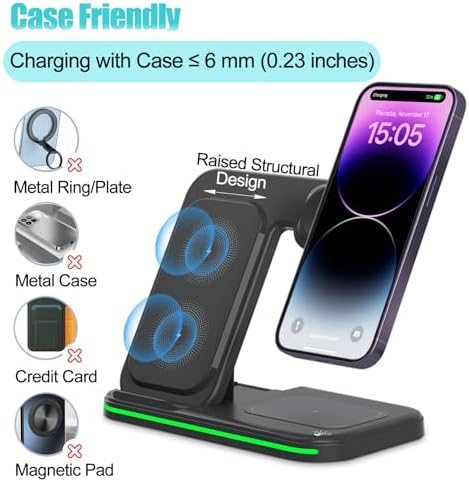 3-in-1 Foldable Wireless Charging Station for i Phone, Apple Watch & Air Pods – Fast Charging Hub with QC 3.0 Adapter for Enhanced Speed and Multi-Device Compatibility – Sleek Black Design for Home, Office & Travel Use – Effortless Charging with Adjustable Stand & Safety Features