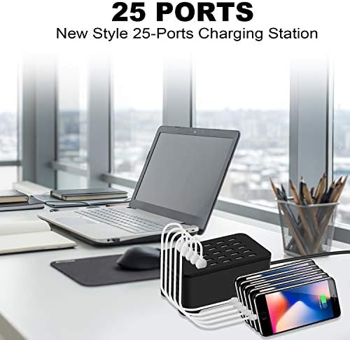 MIXILIN 25-Port USB Charging Hub – 125 W 25 A Fast Charging Station for i Phone and Android Devices – Smart Technology for Optimal Power Delivery – Multi-Device Desktop Charger Ideal for Homes and Offices – Sleek Black Design with Safety Features