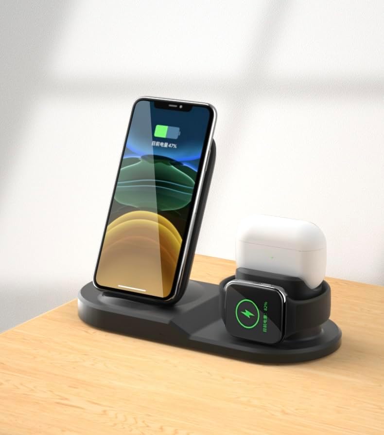 All-in-One 3 in 1 Wireless Charging Station for i Phone 11-16, Apple Watch, and Air Pods – Fast QC3.0 Adapter Included, Sleek Design for Tidy Charging Solution, Enhanced Device Compatibility and Safety Features