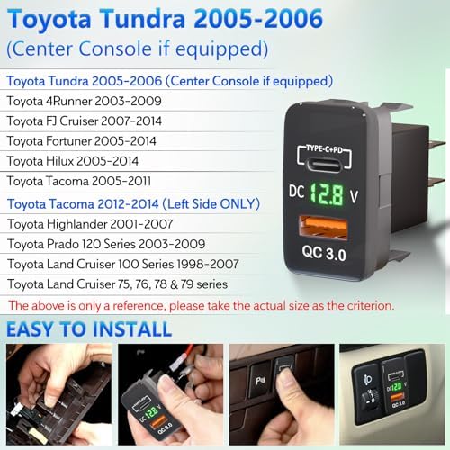 Qidoe Dual USB C Car Charger for Toyota: Fast Charging with QC3.0 & PD3.0, LED Voltmeter & Type C Cable – Perfect for FJ Cruiser, Tundra, 4 Runner & Hilux (2003-2006, 2005-2014), Elevate Your Driving Experience with Enhanced Compatibility and Speed