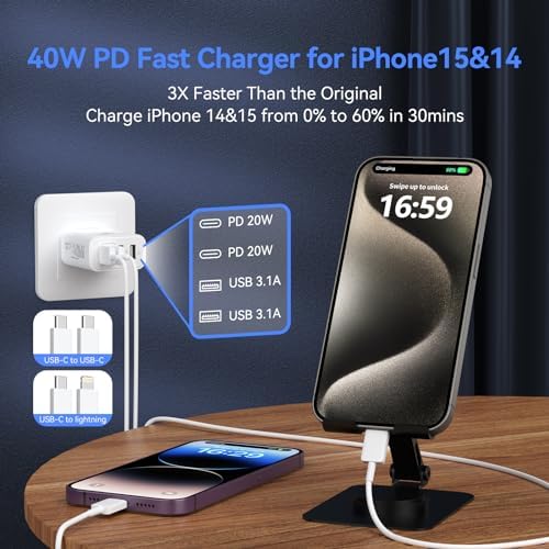 40 W Ultra-Fast Multi-Device Charging Station for i Phone 15/14 – 4-Port USB-C & USB-A Power Hub with 6 FT Cables for Rapid Charging at Home or on the Go – Exceptional Compatibility with i Pad Pro and All i Phone Models