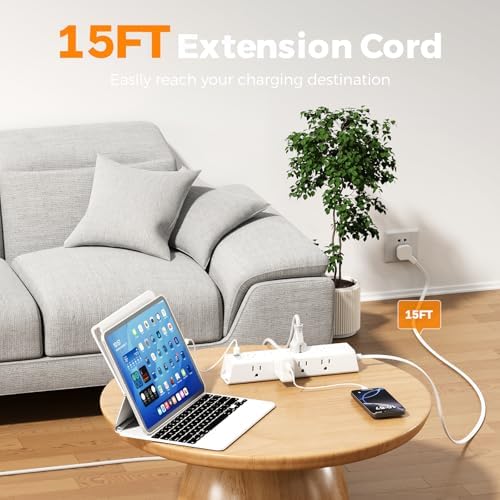 15 Ft Extension Cord with Power Strip Surge Protector – 12 AC Outlets & 3 USB Ports (Including 2 USB-C) for Fast Charging | Flat Plug Design for Space-Saving Wall Mounting | Essential Power Solution for Home, Office, and Dorm Room Use