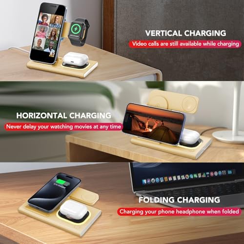 Ultra-Convenient 3-in-1 Foldable Wireless Charging Dock for Apple Devices – Rapid Power-Up Station for i Phone 16/15/14/13/12/11/X/XS, Apple Watch Series 10/9/8/7/Ultra2/Ultra/SE, and Air Pods Pro/2/3/4 – Lightweight Travel Charger with Integrated LED Light for Enhanced Portability and Efficiency