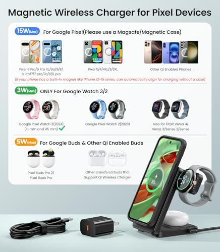 Revolutionary 3-in-1 Magnetic Wireless Charger for Google Pixel Devices – 15 W Fast Charging Stand for Pixel 9 Pro XL, 8, 7 Pro, and Pixel Watch 3/2 with 18 W Adapter – Enhanced Safety, Compatibility, and Versatile Charging Options for Pixel Buds Pro 2 – Ideal Gift for Tech Enthusiasts