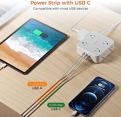 TESSAN Power Strip Tower Surge Protector: 8 AC Outlets & 3 USB Ports (1 USB-C) with 900 Joules Protection, 5 FT Flat Plug Extension Cord – Ultimate Desk Charging Station for Home Office and Dorm Room Efficiency