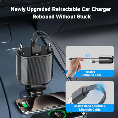 Magjieyx 62 W Retractable Car Charger: 4-in-1 Fast Charging Adapter for Ultimate On-the-Go Power – Compatible with i Phone 16/15/14/13/12 Pro Max Plus, i Pad, Air Pods, Galaxy – Quick Charge & Power Delivery Enabled for Rapid Device Charging – Tangle-Free Convenience for Commuters and Travelers