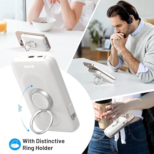 Magnetic Wireless Power Bank for Apple Devices – BLAVOR 10,000 m Ah Portable Charger with Built-in Cables and 20 W Fast Charging, Seamless Compatibility for i Phone 16/15/14/13/12 and Apple Watch, Integrated Stand for Hands-Free Use, Sleek White Design – Ultimate Convenience for On-the-Go Charging