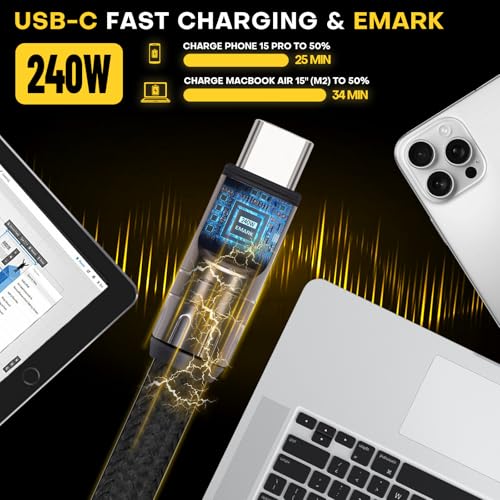Ultimate 240 W USB C to C Cable with Wrist Strap Lanyard – 5 A Fast Charging & 480 Mbps Data Transfer for Type-C Devices – Durable Braided Design, 4 FT Length for Flexibility and Portability