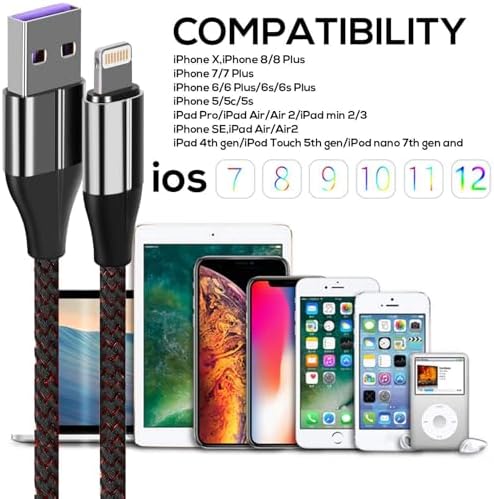 MFi Certified 6-Foot Nylon Braided i Phone Charger Cable Pack – Fast Charging Lightning Cords for i Phone 11, Pro, X, Xs Max, XR, 8 Plus, 7 Plus, 6 & i Pad – Enhanced Durability and Flexibility for Home & Office Use – Tangle-Free Design in Sleek Black Finish