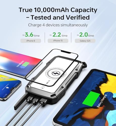 ABFOCE 10000 m Ah Solar Power Bank – 22.5 W Fast Charger with Wireless Charging, Sensor Alarm & LED Flashlight – Ultimate Outdoor Charging Solution for i Phone, Samsung, and More – Eco-Friendly Solar Panel Power Bank for Camping & Hiking Adventures