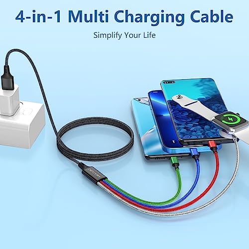 2 Pack 4-in-1 Multi Charging Cable for Apple Watch & i Phone – Travel-Ready Nylon Braided USB C & Micro Compatibility – 4 FT Length for Enhanced Flexibility and Fast Charging – Ideal for Galaxy Android Devices and On-the-Go Power Needs