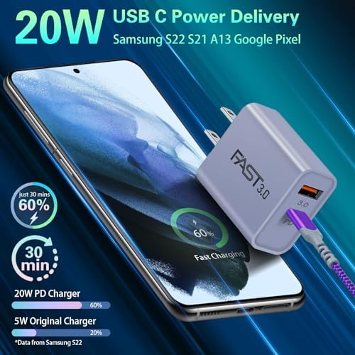 Dual Port Fast Charging Wall Adapter with 10 FT Right-Angle USB C Cable – 20 W USB-C Power Block for i Phone 16/15, Samsung Galaxy S25 Ultra, S24, S23, S10 – Efficient Charging Convenience for Home, Office, and Travel