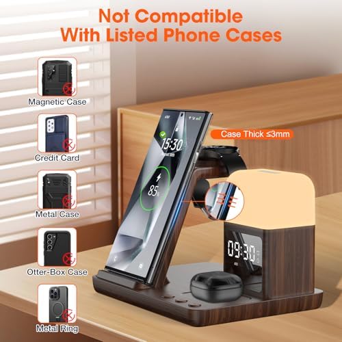 Ultimate 6-in-1 Wireless Charging Station for Samsung & Android: Fast Charger with Alarm Clock & Night Light for Galaxy S25 Ultra, S24, S23, and Samsung Watch7 – Space-Saving Design, Enhanced Compatibility, and Sleek Black Finish for Modern Living