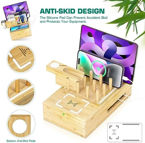 Eco-Friendly Bamboo Wireless Charging Station – Versatile Docking Organizer with 7 USB Ports for Fast Qi-Certified Charging of Smartphones, Smartwatches, Earbuds, and Tablets – Sleek Design for Enhanced Productivity and Clutter Reduction