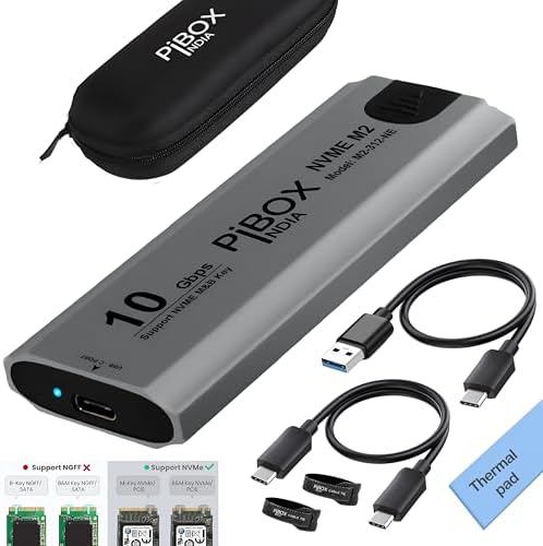 High-Speed Pibox India NVMe M2 Enclosure with Fan – USB 3.2 10 Gbps Tool-Free SSD Adapter for 2230/2242/2260/2280 M & B&M Keys – PCI-E NVMe Reader with Enhanced RTL9210 Performance and Heat Dissipation Solutions