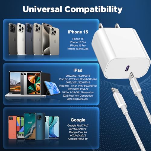 Rapid Charge Revolution: 20 W USB-C Wall Charger for i Phone 15 Series – Versatile 3 ft, 6 ft, and 10 ft Cables Included for Ultimate Flexibility – Ideal for i Pad Pro, Mini, Air, and Air Pods – Compact, Durable Design Perfect for Travel, Home, or Office – Superior Compatibility for All USB-C Devices