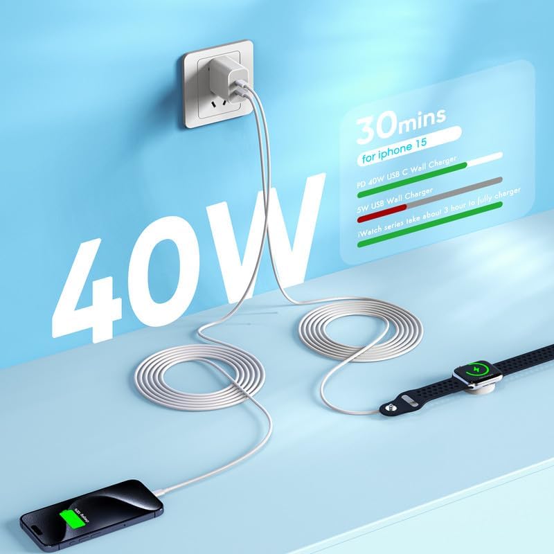 Ultra-Fast Dual USB-C Power Charger for Apple Watch & i Phone 16 – MFi Certified Rapid Charging Solution with 6 FT USB-C to Lightning Cable – Ideal for Apple Watch Series 10/9/Ultra/8/7/SE/6/5 & i Phone 15 – Compact & Travel-Friendly Design for Effortless On-the-Go Power