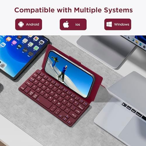 CACOE Ultra-Slim Foldable Wireless Keyboard with Integrated Stand – Dual-Channel QWERTY Design for Seamless Device Switching – Portable Mini Keyboard for Smartphones, Tablets, and Laptops – Stylish Wine Red Finish for Enhanced Productivity and Versatility