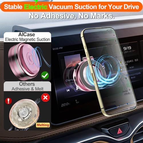 Revolutionize Your Driving with the AICase Magnetic Phone Holder – 360° Rotatable Electric Suction Cup Mount for i Phone & Android, Mag Safe Compatible with Adhesive Pad for Uneven Surfaces – Ultimate Stability & Hands-Free Convenience