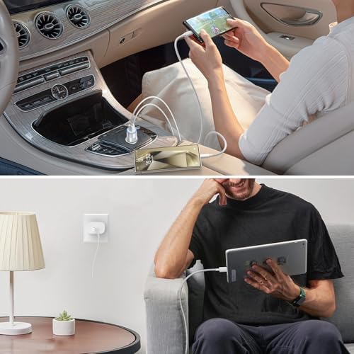 Excgood 25 W Fast Charging Car Charger with Dual 6 ft Braided USB-C Cables – High-Speed Wall Adapter for Samsung Galaxy S25 Ultra, S24, S23 FE & Android Devices, Compact & Travel-Friendly, Enhanced Safety Features for Optimal Performance