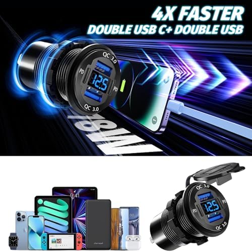 Enhanced 12 V Multi-Port USB Charger – Durable Aluminum Alloy Car Outlet with Integrated LED Voltmeter for Fast Charging in Cars, RVs, Boats, Trucks, and Motorcycles (Dual Pack) – Optimal Device Compatibility and Reliability for On-the-Go Power