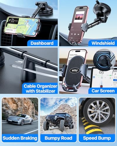 HTU Military-Grade Suction Car Phone Holder 2025 – Versatile Telescopic Arm Smartphone Mount for Dashboard & Windshield – Compatible with i Phone 16 Pro Max, 15, 14, 13, 12 & Samsung – Enhanced Stability for Trucks & Jeeps – Sleek Black Finish for Modern Interiors
