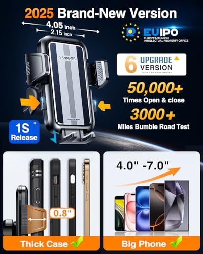 VANMASS 2025 Premium Car Phone Holder – Unmatched 85+ LBS Suction Power for Secure Hands-Free Navigation | Universal Compatibility with i Phone 16 Pro Max, 15, 14, 13 & Android Devices | Versatile Windshield, Dashboard & Air Vent Mount for Maximum Convenience | Durable Design Ensures Safe Driving Experience