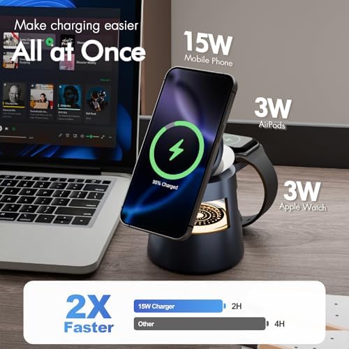 4-in-1 Mag Safe Wireless Charging Station with Adjustable Night Light – Fast 15 W Charger Stand for i Phone 16, 15, 14, 13, 12 Pro Max, Apple Watch Ultra, and Air Pods – Portable Travel-Friendly Design for Enhanced Compatibility and Nighttime Convenience