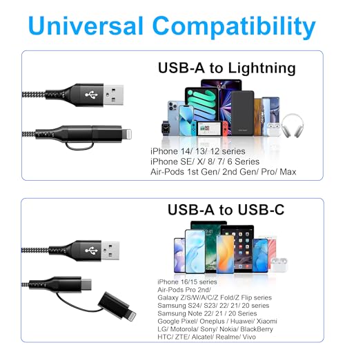 Versatile 10 FT Long USB to USB-C and Lightning Charging Cable – MFi Certified Nylon Braided Fast Charger for i Phone 16, 15, 14, 13 & Android Carplay – 3 A Rapid Power Delivery & Durable Tangle-Free Design for Enhanced Compatibility and Convenience
