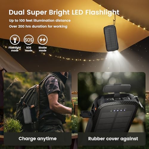 Portable Solar Power Bank 10,000 m Ah – Dual Built-in Cables & Fast 15 W Wireless Charging – Eco-Friendly Design with Cigarette Lighter & 3 LED Flashlight Modes – Perfect for Camping, Emergencies & Everyday Use – Ideal Gift for All Occasions
