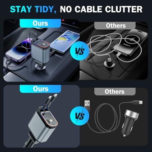 Starlight Enhanced 66 W USB-C Fast Car Charger – 4-in-1 Retractable Adapter with Dual USB Ports for i Phone 16/15/14/13/12/11 & Android Devices – Ultimate Convenience for On-the-Go Charging in Sleek Black Finish