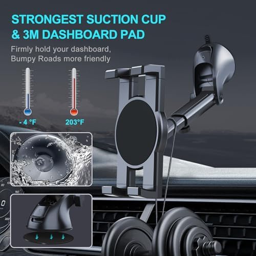 Ultimate 360° Rotatable Car Tablet Mount Holder for Dashboards & Windshields – Secure Suction Cup Stand for i Pad Pro, Samsung Galaxy Tabs, and i Phone Models 4.7″-12.9″ – Enhanced Compatibility for Safe Navigation and Hands-Free Access