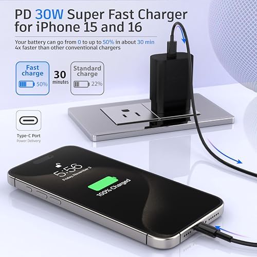 30 W Ultra-Fast USB-C Dual Pack Charger for i Phone 15 & 16 – Includes 6.6 ft & 10 ft Cables – Versatile Compatibility with i Pad Pro and Galaxy S Series – Perfect for Active Lifestyles and Quick Power Solutions