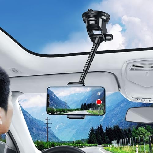 Seamless Vlogging & Filming Car Phone Holder for Windshield | Multi-Angle Adjustable Mount for 4.7″-6.9″ Devices | Compatible with i Phone 16/15/14 & Samsung S25 Ultra | Secure No-Swivel Design for Safe, High-Quality Recording | Easy Installation & Compact Storage