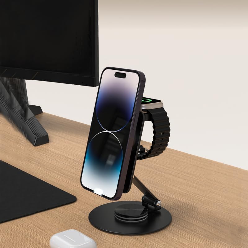 Foldable Magnetic Wireless Charger Stand – 2-in-1 Fast Charging Station for i Phone 16, 15, 14, 13, Apple Watch & Air Pods – Qi Certified 15 W Rapid Charger for Travel & Home Use – Sleek, Portable Design with Enhanced Compatibility and Efficiency