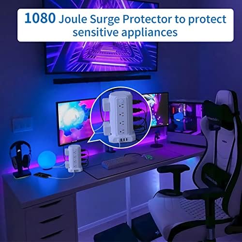 NTONPOWER 16-Outlet Surge Protector Tower with 4 USB Charging Ports – Advanced Desktop Power Strip with Individual Switches, 5 ft Extension Cord, and 1080 J Surge Protection for Home Office & Dorm Room Efficiency – Space-Saving & Safe Power Solution
