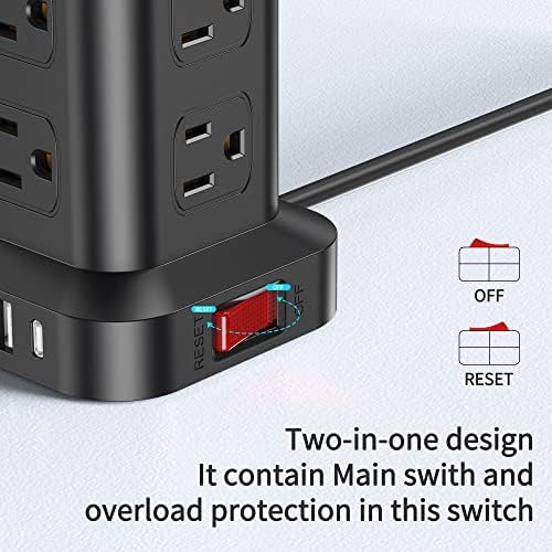 15 FT USB C Surge Protector Power Tower with 12 AC Outlets & 4 Rapid Charging USB Ports – Ultimate Overload Protection for Home and Travel Efficiency – Compact, Versatile Charging Solution for Modern Devices