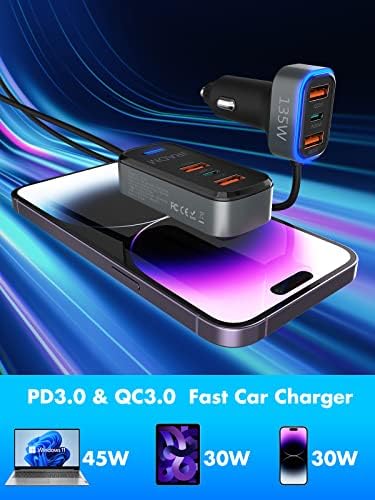 High-Performance Multi-Port Car USB Charger – 135 W Fast Charging with PD 45 W & QC3.0 30 W, Ideal for i Phone 16, 15 Pro Max, i Pad, Samsung S24/S23, Includes 5 FT Cable for Enhanced Flexibility and Compatibility on Road Trips