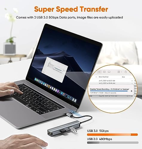 Sleek 5-in-1 USB C Hub Multiport Adapter – Aluminum 4 K HDMI, 1 Gbps Ethernet & 3 USB 3.0 Ports for Enhanced Connectivity on Mac Book Pro/Air, i Pad Pro & Surface Go – Ultimate Solution for Fast Data Transfer & Seamless Streaming