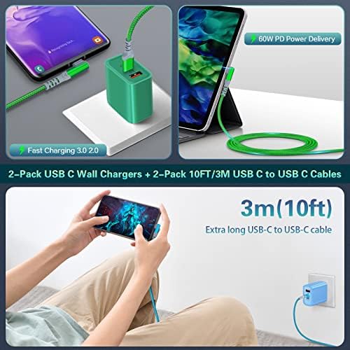 Dual Port Fast Charging Wall Adapter with 10 FT Right-Angle USB C Cable – 20 W USB-C Power Block for i Phone 16/15, Samsung Galaxy S25 Ultra, S24, S23, S10 – Efficient Charging Convenience for Home, Office, and Travel